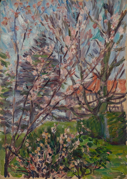Artist Arthur Studd: Foreground view of branches with blossom, house to rear