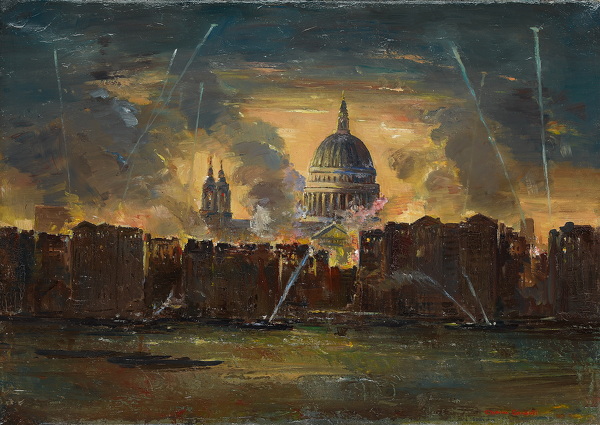 Artist Charles Cundall: St Paul’s and London from the Thames, during the Blitz, 1943