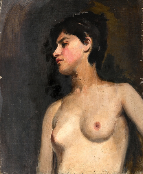 Albert-de-Belleroche: Bust-lenght-female-nude,-3-4-view,-black-background---circa-1880