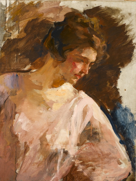 Artist Albert de Belleroche (1864-1944): Profile portrait, young lady, waist-up, circa 1900