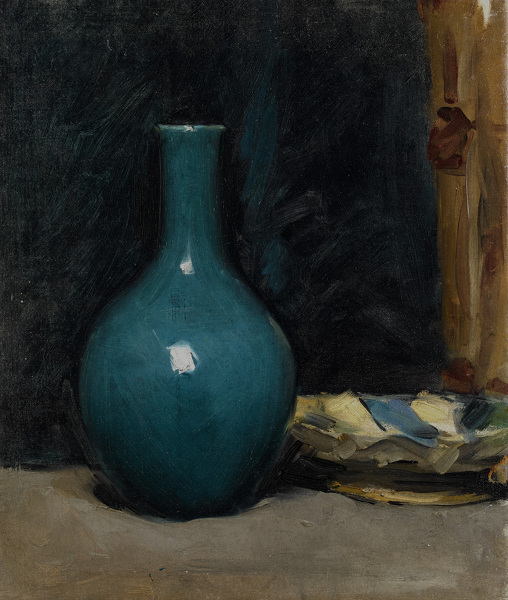 Artist Albert de Belleroche (1864-1944): Still life with blue pot and folded cloth, late 1880s