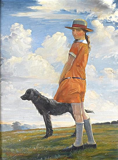 Artist Walter Bonner Gash (1869 - 1928): The artist’s daughter walking the vicar’s dog