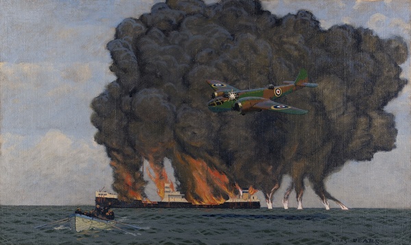 Charles-Pears: Bristol-Blenheim-setting-fire-to-German-oil-tanker,-circa-1940