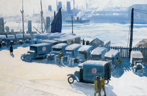 Ernest-Procter: Army-Ambulances-by-the-Docks,-1919