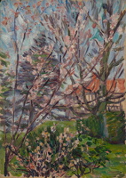 Artist Arthur Studd: Foreground view of branches with blossom, house to rear